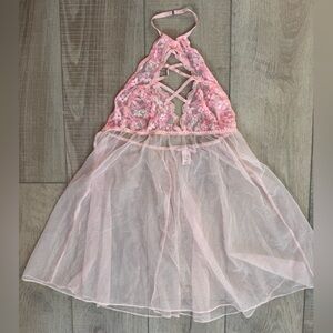 Victoria's Secret Pink Lace Net Sheer Babydoll Lingerie Sexy Honeymoon SMALL